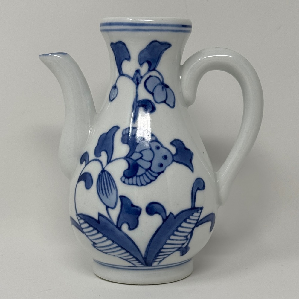 Vintage Blue White Chinoiserie Floral Ceramic Pitcher Ewer Vase 6"